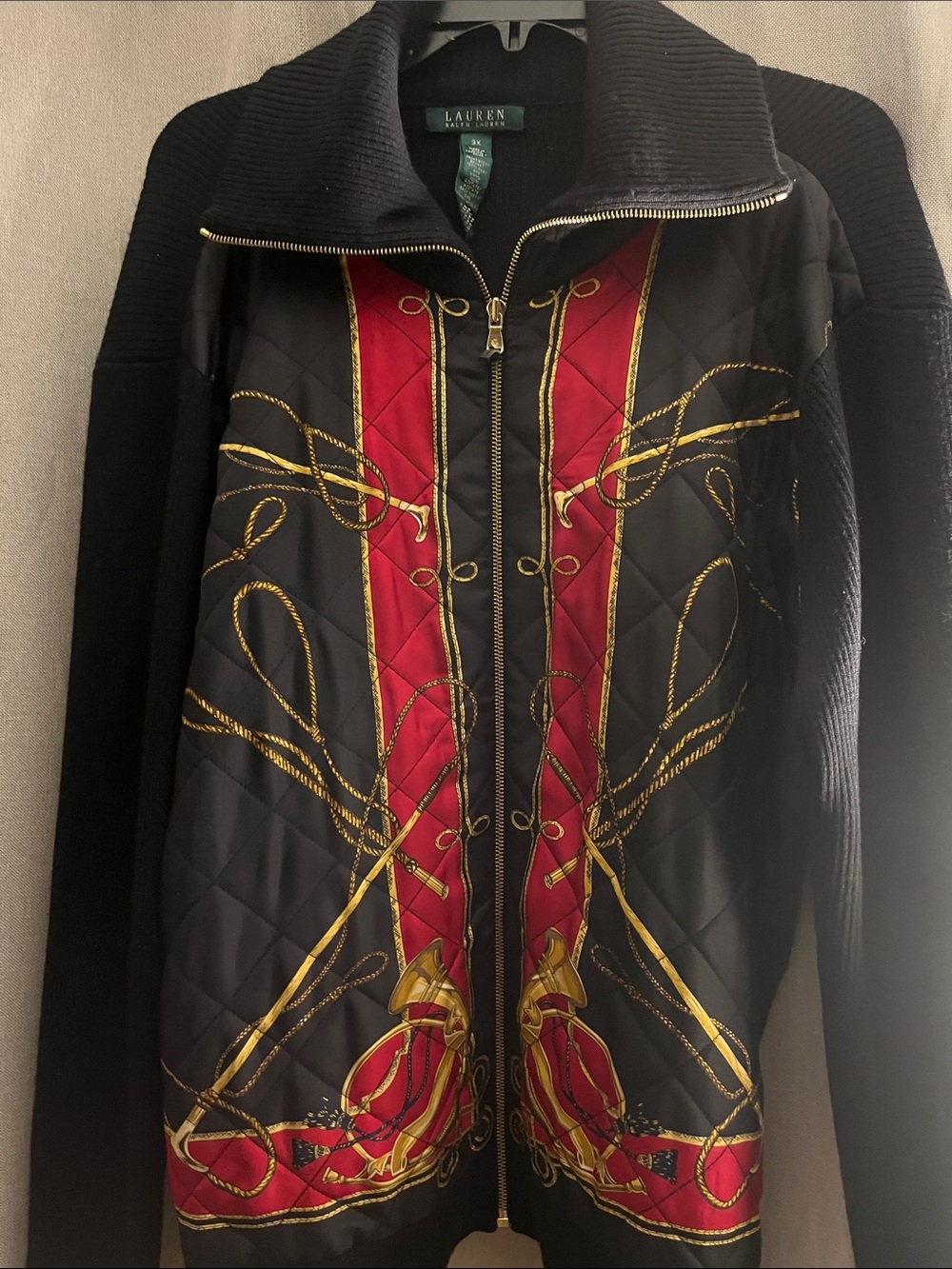 Lauren Ralph Lauren Black Quilted Bomber Jacket with Red & Gold Print